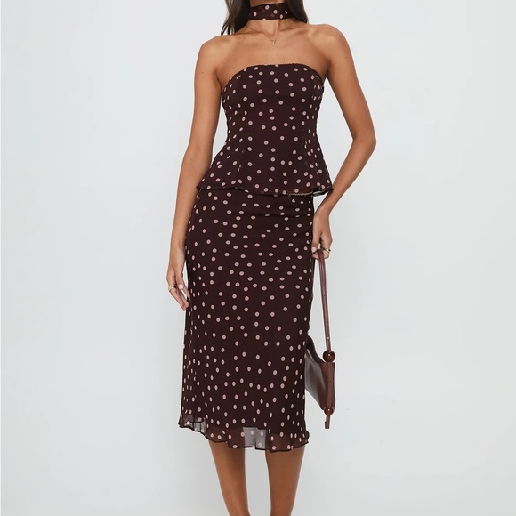 Princess Polly Dresses & Skirts - Princess Polly Strapless Brown Polka Dot Dress